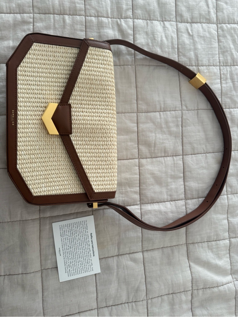 DEMELLIER | Raffia Woven Cream and Brown Crossbody Bag with Gold Accent